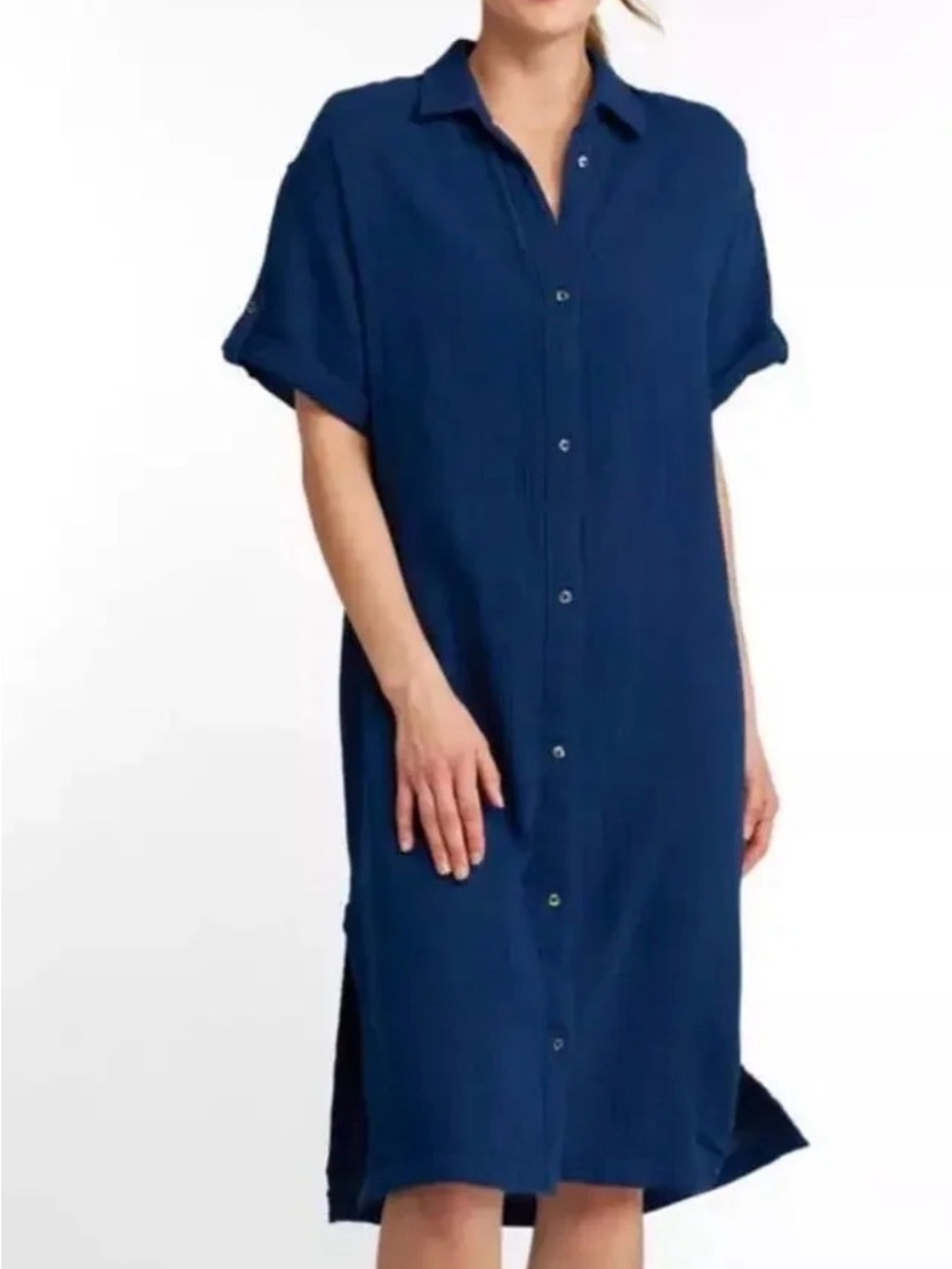 L.L. Bean Shirt Dress Womens 1X navy Cotton  Midi Button Front